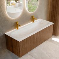 Badmeubel Mondiaz Kurve-Dlux | 120 cm | Meubelkleur Walnut | Wastafelkleur Ostra | Solid surface | Midden spoelbak | 2 kraangaten