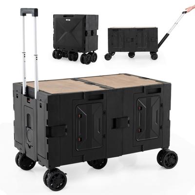 Vouwbare Bolderwagen Handwagen met Tafelblad & 2 Kisten & Verstelbare Handgreep & Bekerhouders Zwart