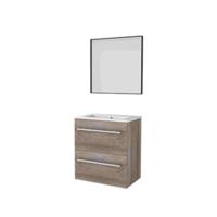 Basic-Line Framed 39 Badkamermeubelset - Ondiep - 60 x 39 cm - Greeploos - 2 Lades - Keramische Wastafel - 1 Kraangat - Spiegel met Zwart Aluminium Frame - Scotch Oak