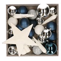 Kunststof kerstballen - 45x stuks - met ster piek - blauw,wit,zilver