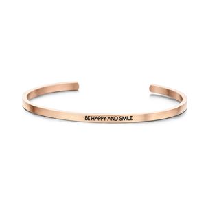 Key Moments 8KM-B00150 Stalen open bangle met tekst be happy and smile zirkonia one-size rosékleurig