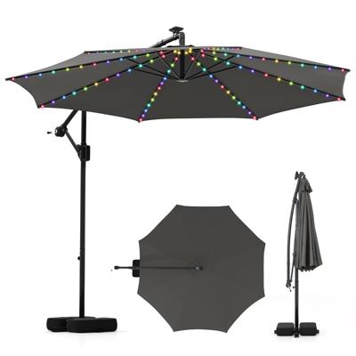 300 cm Parasol met LED-verlichting 9 modi Zweefparasol met Zandzakken & Draaimechanisme Kantelhoek Verstelbaar Grijs