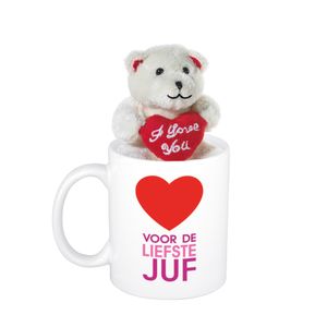 Juffendag cadeau Voor de liefste juf beker / mok 300 ml met beige knuffelbeertje