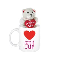 Juffendag cadeau Voor de liefste juf beker / mok 300 ml met beige knuffelbeertje - thumbnail