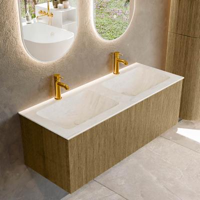 Badmeubel Mondiaz Kurve-Dlux | 120 cm cm | Meubelkleur Dusk | Wastafelkleur Opalo | Solid surface | Wasbak beiden zijden spoelbak | 2 kraangaten