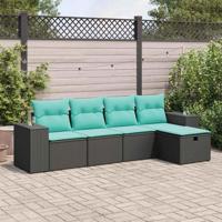 5-delige Loungeset met kussens poly rattan zwart