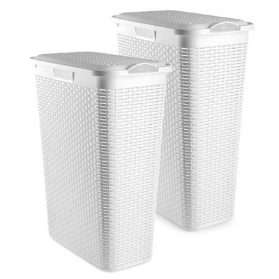 Smalle Wasmand met deksel Rotan - 2x - wit - gevlochten kunststof - 48 liter - 27 x 46 x 60 cm