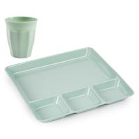 Plasticforte Vakjesborden 4x - met bekers 4x - groen - kunststof - gourmetborden - bbq servies