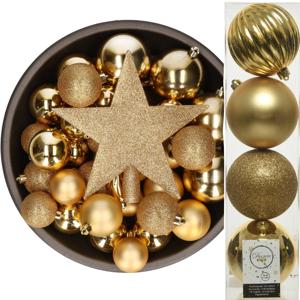 Decoris kerstballen 37x stuks goud 5-6-8-10 cm met ster piek kunststof - Kerstbal