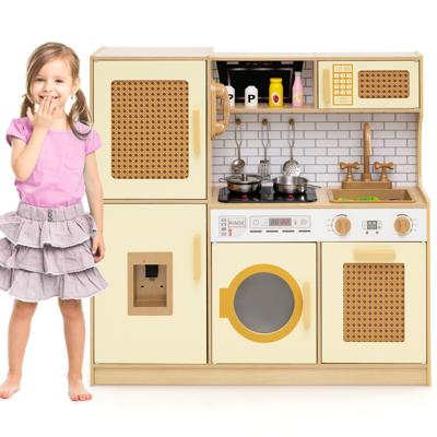 Kinderkeuken met Rieten Deuren & Licht & Geluid & Koelkast Speelkeuken Speelgoedkeuken Geel