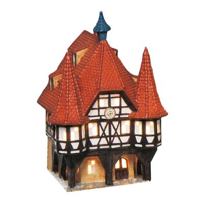 Wurm Lichthaus Rathaus Michelstadt van Porselein, Rood/Bruin (B/H/D) 14x13x19cm