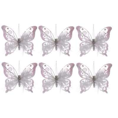 6x Witte decoratie vlinders op clip 15,5 cm