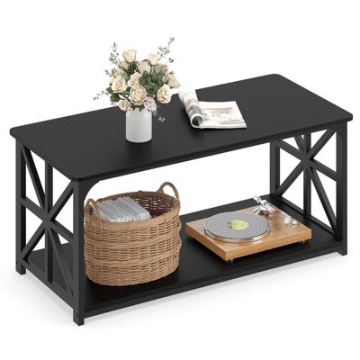 Salontafel Industriële Boerderij-Accenttafel met Open Opbergvak Rechthoekige Salontafel met 2 Niveaus en Metalen Frame 109 x 50 x 48 cm-Zwart