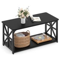 Salontafel Industriële Boerderij-Accenttafel met Open Opbergvak Rechthoekige Salontafel met 2 Niveaus en Metalen Frame 109 x 50 x 48 cm-Zwart