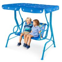 Kinder Hollywoodschommel 2-zits Kinderschommel met Verstelbaar Zonnescherm & Metalen Frame Blauw