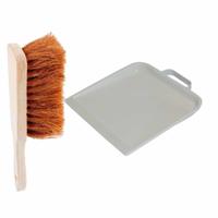Benson Stevige houten stoffer 30 cm - en lichtgrijs metalen blik van 22 x 26 cm