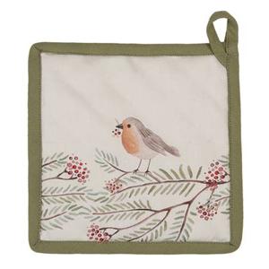 Clayre & Eef Pannenlap 20x20 cm Beige Groen Katoen Vogel Afgiet