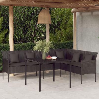 Tuinbank L-vormig met kussens poly rattan zwart