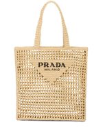 Prada sac cabas en raphia à logo brodé - Tons neutres