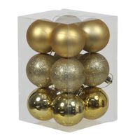12x Gouden kunststof kerstballen 6 cm glans/mat/glitter - thumbnail