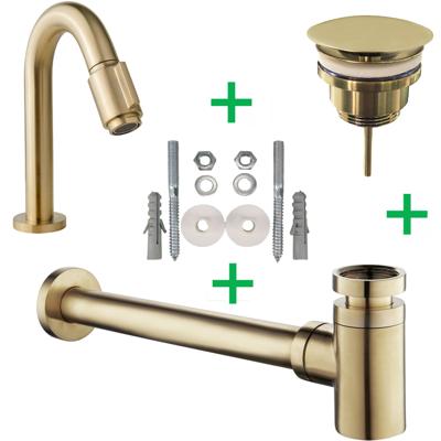 Fonteinkraanset Wiesbaden UniMatch | Opbouw | Koudwater kraan | Incl.Sifon en Afvoerplug | Laag model | 1-hendel | Rond | Geborsteld Messing