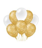 Ballonnen Happy Birthday Goud/Wit (8st)