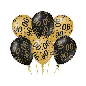 6x stuks leeftijd verjaardag feest ballonnen 90 jaar geworden zwart/goud 30 cm   -