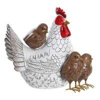 Home decoratie dieren/vogel beeldje - Kip met kuikens - 25 x 22 cm - binnen/buiten - wit/bruin   -