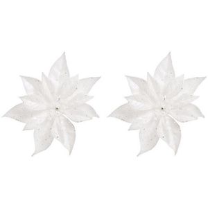 2x Kerstboomversiering bloem op clip witte kerstster 18 cm