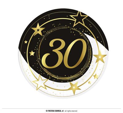 Borden Sterren zwart/wit/goud 30 Jaar (6st)