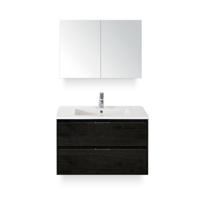 Porto Badmeubelset 90 cm - Black Oak - Keramische Wastafel Wit Slim - met Spiegelkast