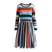 Ronde hals gestreepte stiksels kleur lange mouwen casual hoofd een stijl jurk maat: M (blauwe streep)