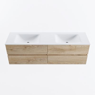 MONDIAZ VICA 160cm badmeubel onderkast Washed Oak 4 lades. Wastafel CLOUD dubbel zonder kraangat, kleur Talc.