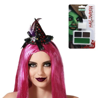 Verkleed setje heks - Mini hoed op diadeem en schmink setje - Carnaval/Halloween thema