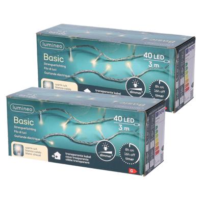 Kerstverlichting - Set van 2x stuks - transparant - snoer met 40 lampjes - warm wit - 300 cm Kerstverlichting - Set van 2x stuks - transparant - snoer met 40 lampjes - warm wit - 300 cm
