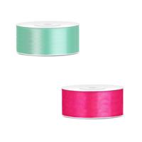 Bellatio decorations 2x rollen satijn cadeaulint/sierlint - 2.5 cm x 25 meter - roze en mintgroen