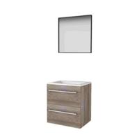 Basic-Line Framed 46 Badkamermeubelset - 60 x 46 cm - Met Grepen - 2 Lades - Acryl Wastafel - Zonder Kraangat - Spiegel met Zwart Aluminium Frame - Scotch Oak