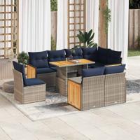 9-delige Loungeset met kussens poly rattan acacia grijs