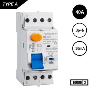 Aardlekschakelaar 3 polig+N 40A 30mA Type A 10 kA SEP RCD36 slechts 2 modulen breed RCD36-40030