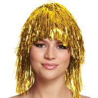 Dames tinsel/folie carnaval pruik - goud kleur - disco/eighties - thumbnail