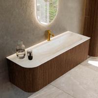 Badmeubel Mondiaz Kurve-Dlux | 135 cm | Meubelkleur Walnut | Wastafelkleur Ostra | Solid surface | Rechts spoelbak | 1 kraangat