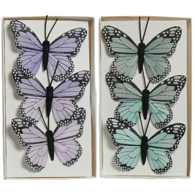 6x stuks decoratie vlinders op draad - blauw - paars - 6 cm