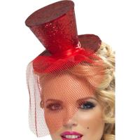 Carnaval verkleed mini hoedje op diadeem - Funny hoge hoed - Rood - Dames