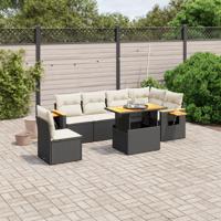 7-delige Loungeset met kussens poly rattan zwart