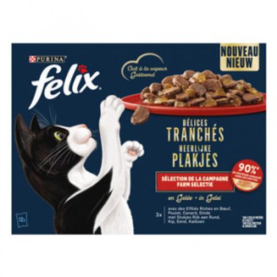Felix Heerlijke Plakjes Farm Selectie met rund, kip, eend, kalkoen in gelei natvoer kat (12x80 g) 8 x ( 96 x 80 g)