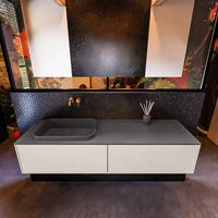 Badkamermeubelset Mondiaz Erin 150 cm met 2 Lades met RIDGE Wastafel Links Dark grey Zonder Kraangaten Greeploos Mat Linen