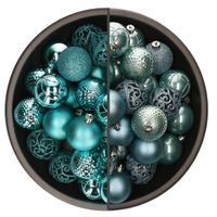 74x stuks kunststof kerstballen mix turquoise blauw en ijsblauw 6 cm - thumbnail