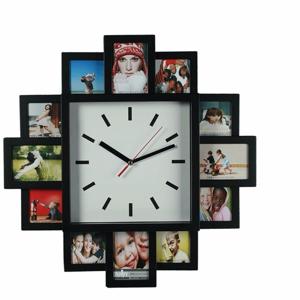 Wandkolk analoog met 12 verwisselbare fotoframes - 38 x 38 cm - zwarte lijst