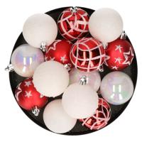 15x stuks kerstballen mix wit/rood gedecoreerd kunststof 5 cm - thumbnail