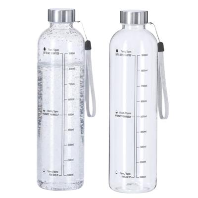 Waterfles/drinkfles - 2x - motivatiefles - transparant - met RVS dop - 1000 ml - D7 cm Waterfles/drinkfles - 2x - motivatiefles - transparant - met RVS dop - 1000 ml - D7 cm